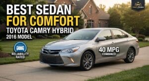 2016 Toyota Camry Hybrid silver sedan parked in a suburban driveway, representing the best used hybrid sedan for comfort
